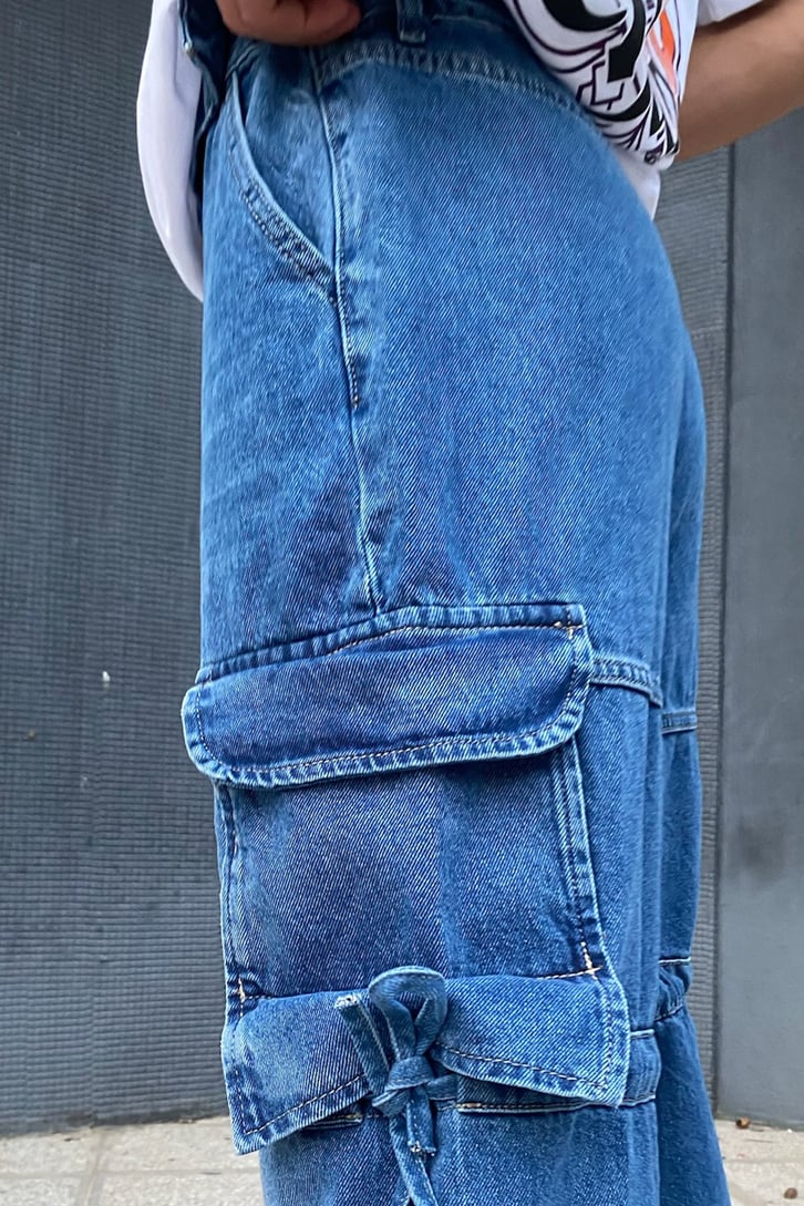 İp Detaylı Kargo Cepli Kot Mavi Baggy Jean