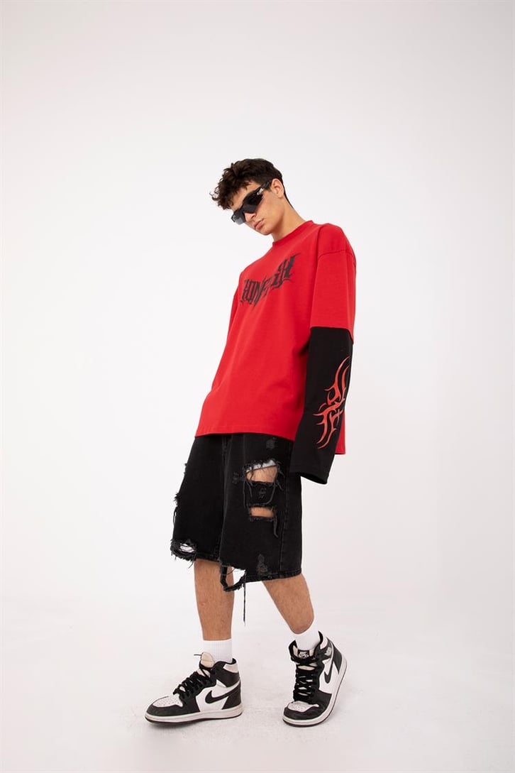 Iron Fish Baskılı Kırmızı Oversize Long Sleeve Tişört
