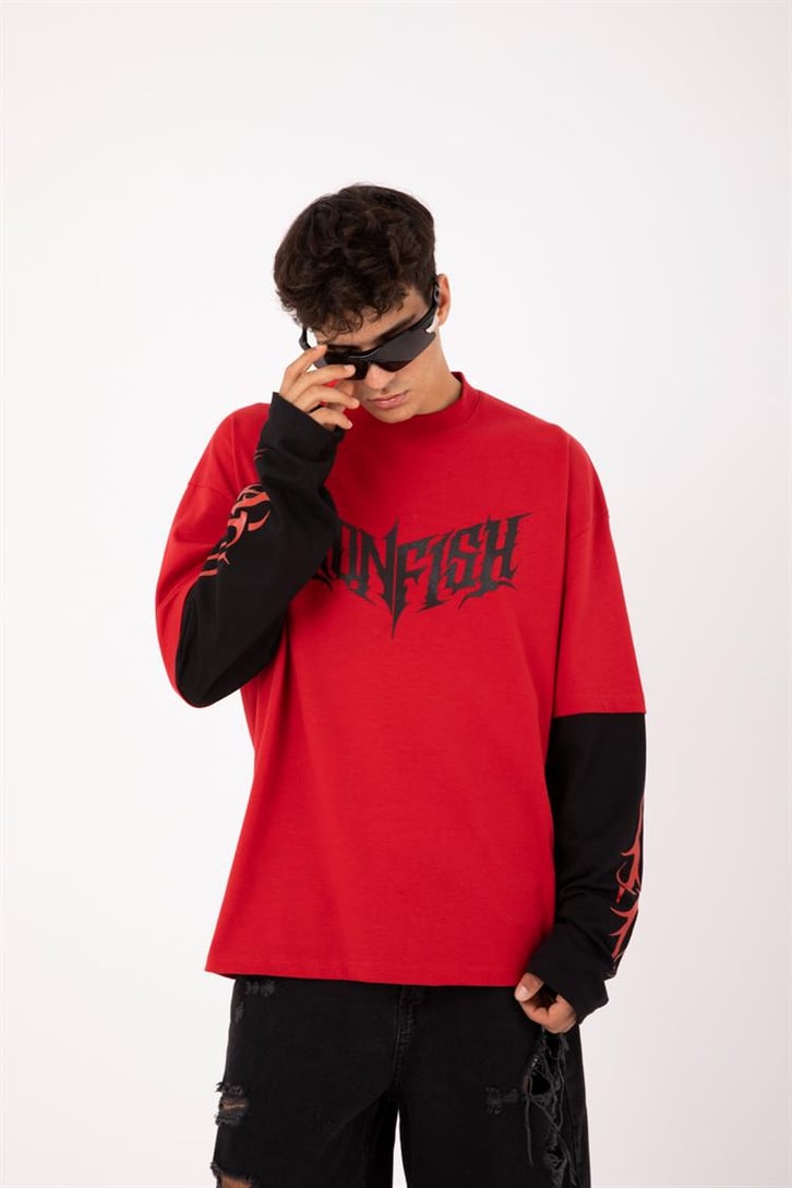 Iron Fish Baskılı Kırmızı Oversize Long Sleeve Tişört