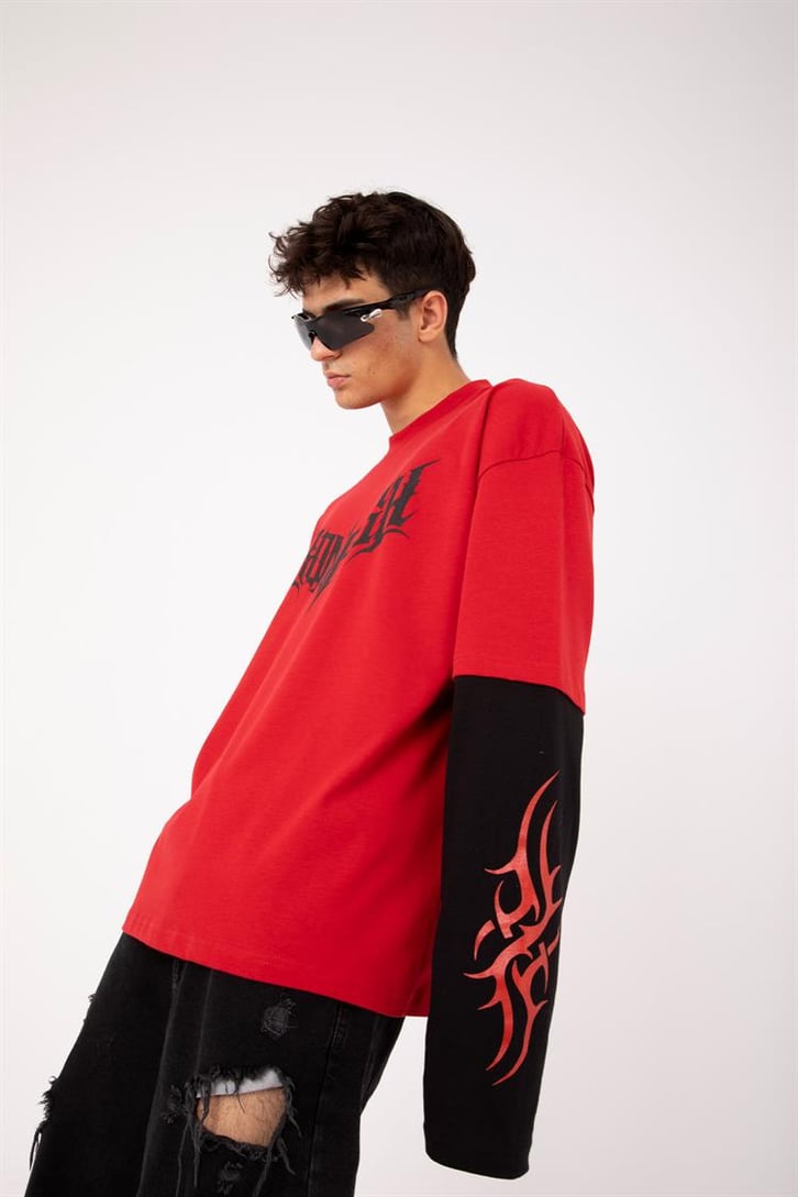 Iron Fish Baskılı Kırmızı Oversize Long Sleeve Tişört