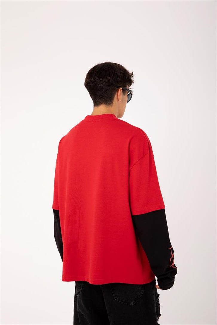 Iron Fish Baskılı Kırmızı Oversize Long Sleeve Tişört
