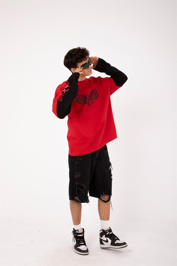 Iron Fish Baskılı Kırmızı Oversize Long Sleeve Tişört