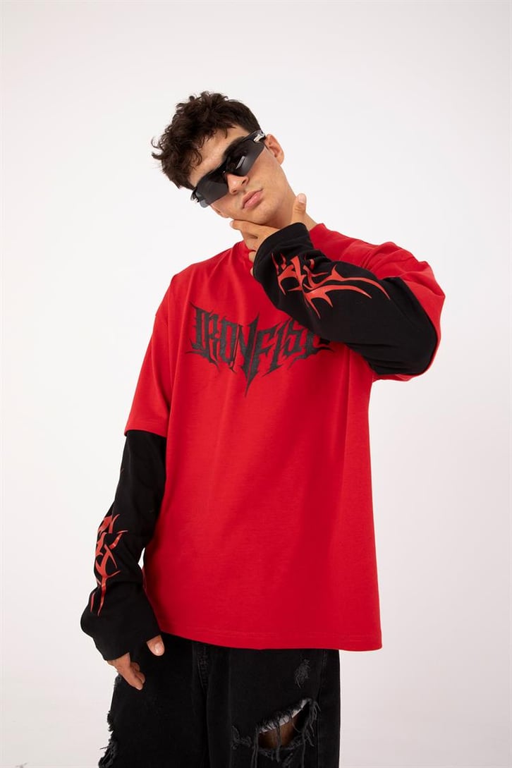 Iron Fish Baskılı Kırmızı Oversize Long Sleeve Tişört