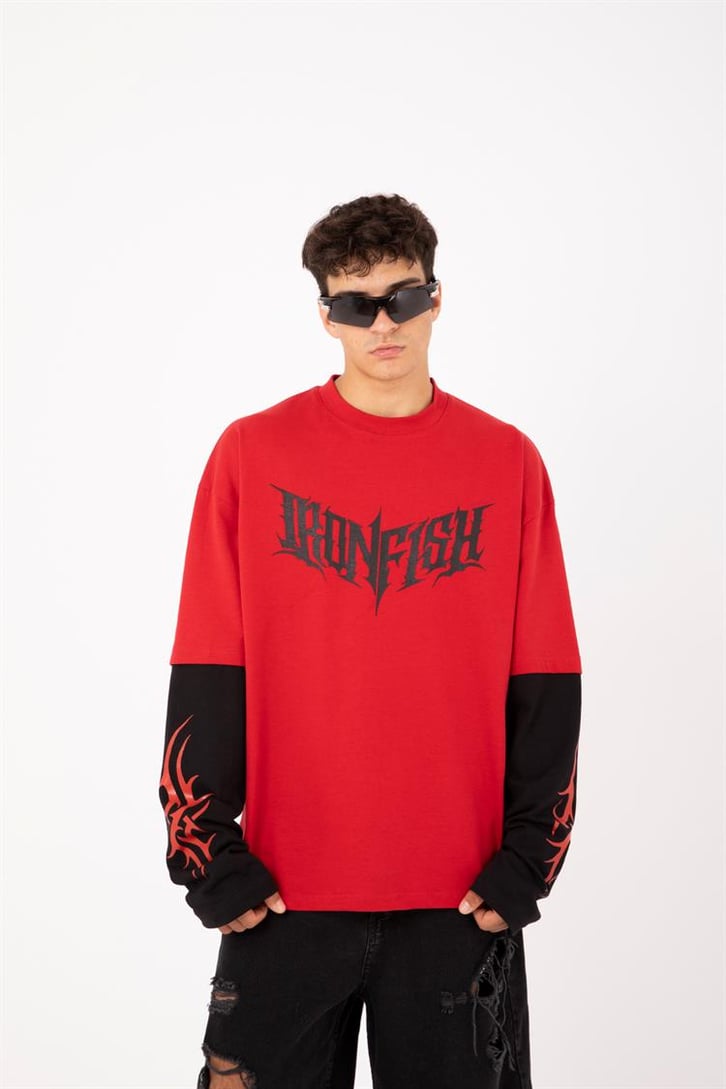 Iron Fish Baskılı Kırmızı Oversize Long Sleeve Tişört
