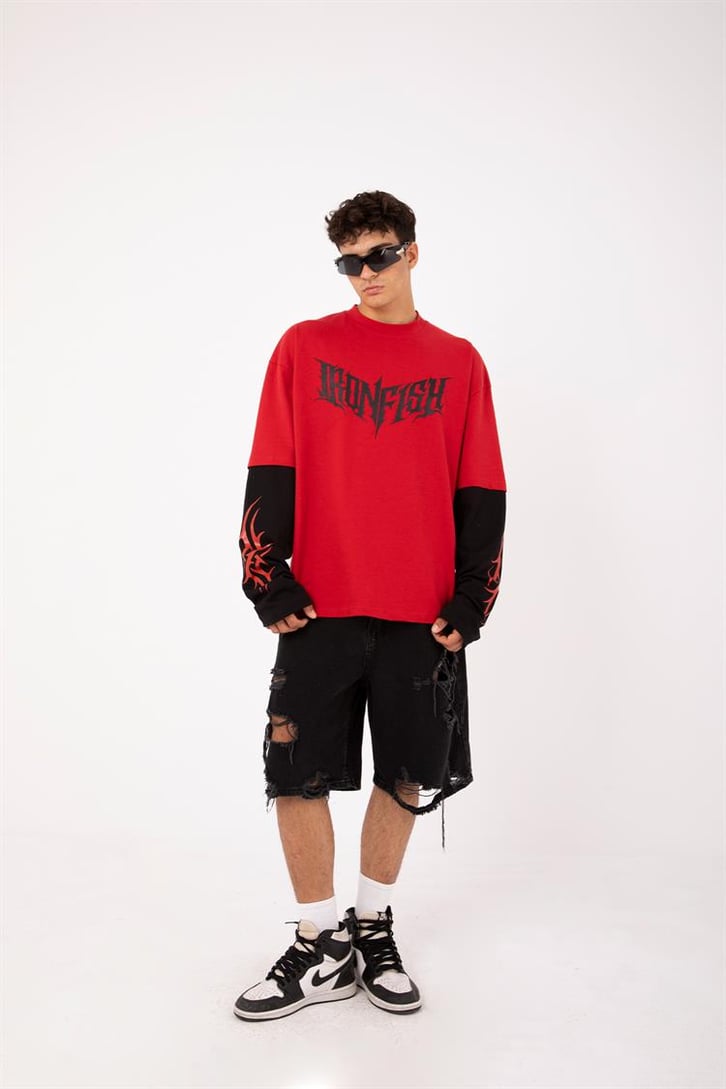 Iron Fish Baskılı Kırmızı Oversize Long Sleeve Tişört