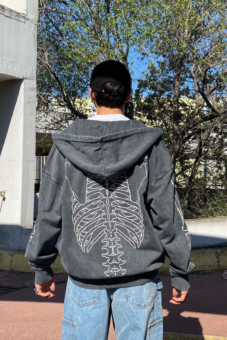 İSKELET BASKILI FERMUARLI OVERSIZE HOODIE
