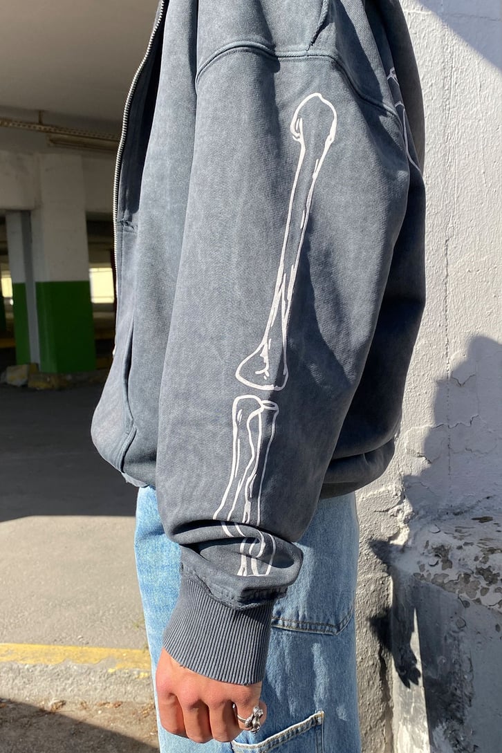 İSKELET BASKILI FERMUARLI OVERSIZE HOODIE