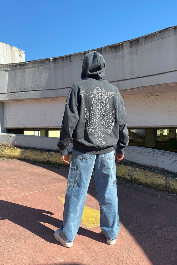 İSKELET BASKILI FERMUARLI OVERSIZE HOODIE