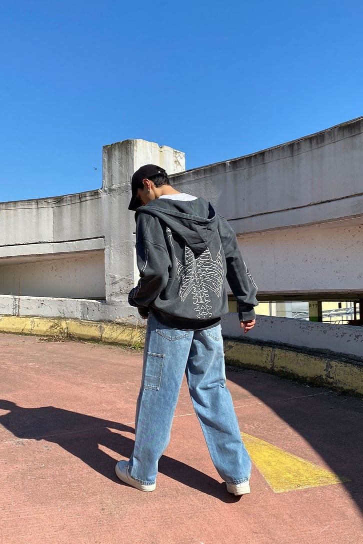 İSKELET BASKILI FERMUARLI OVERSIZE HOODIE