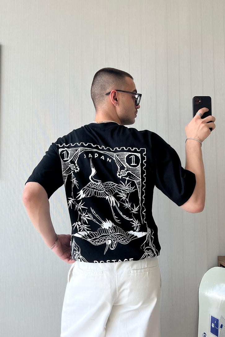 Japanese Card Baskılı Oversize Tişört