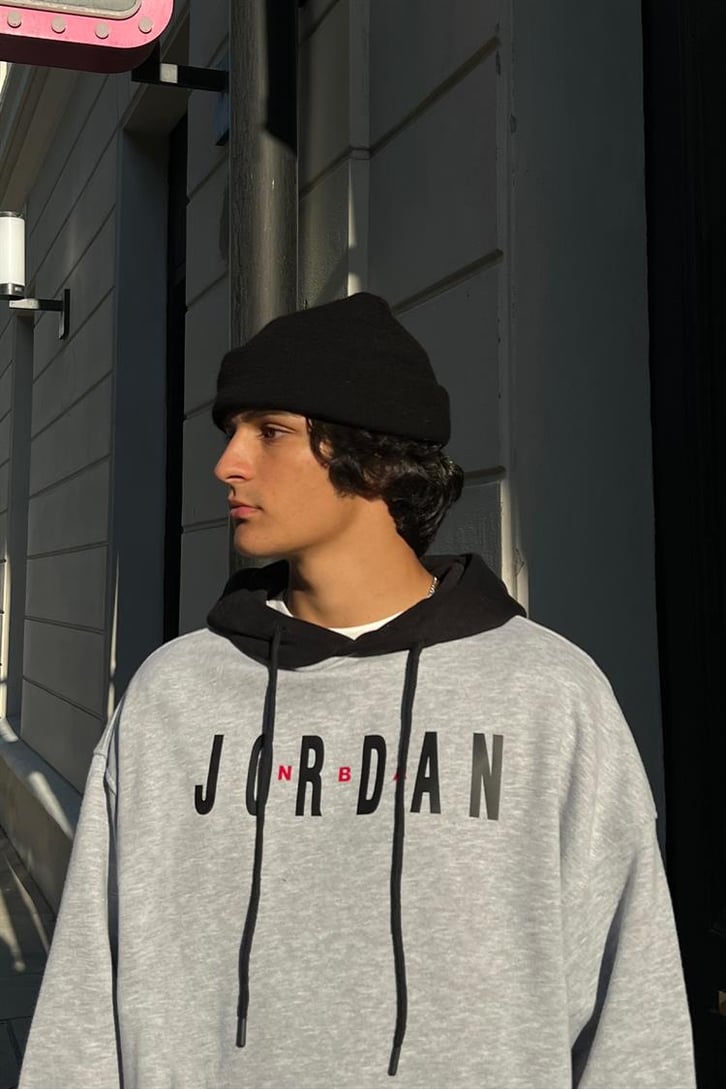 Jordan Baskılı Gri Oversize Hoodie