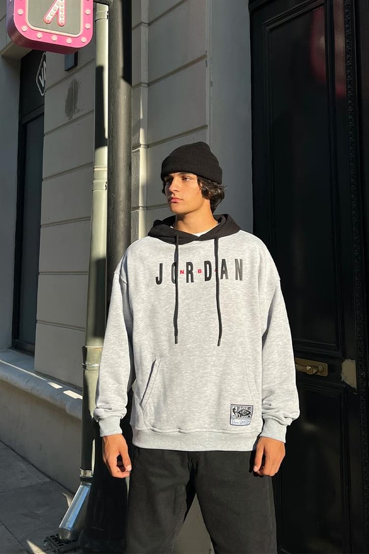 Jordan Baskılı Gri Oversize Hoodie