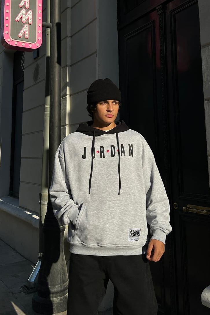 Jordan Baskılı Gri Oversize Hoodie