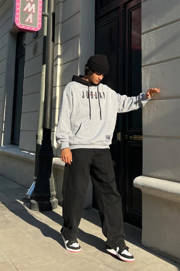 Jordan Baskılı Gri Oversize Hoodie