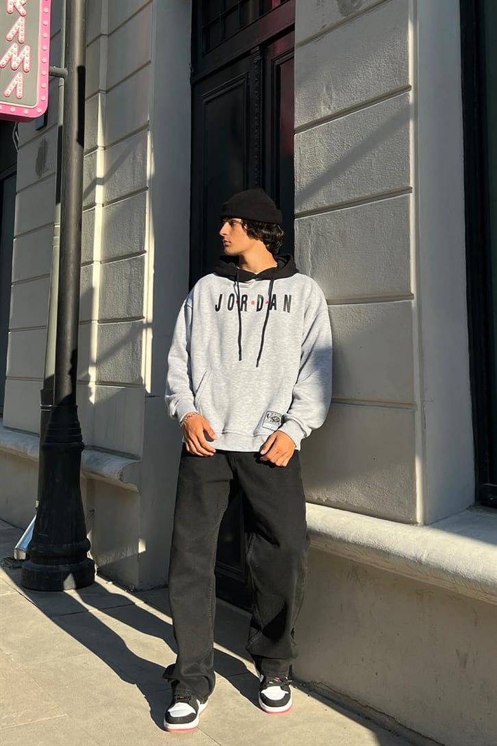 Jordan Baskılı Gri Oversize Hoodie