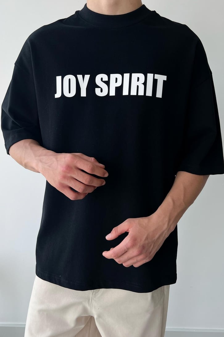 Joy Spirit Baskılı Siyah Oversize Tişört