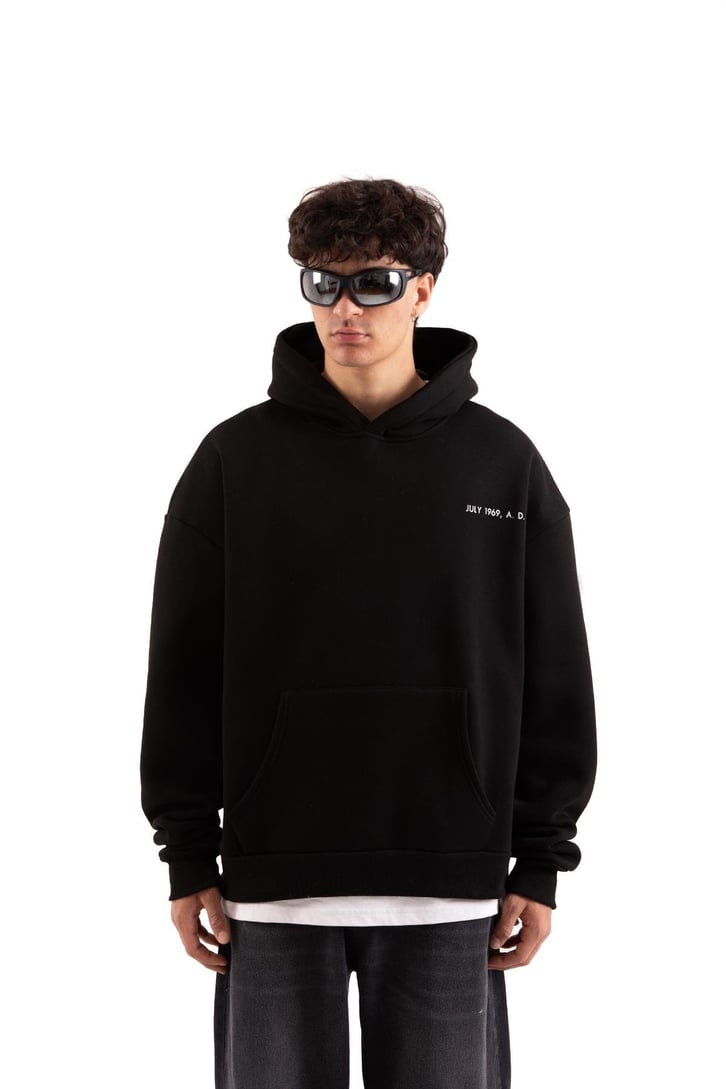 July 1969 Baskılı Siyah Oversize Hoodie