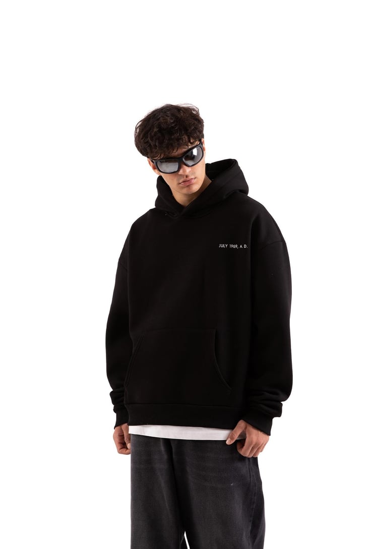 July 1969 Baskılı Siyah Oversize Hoodie