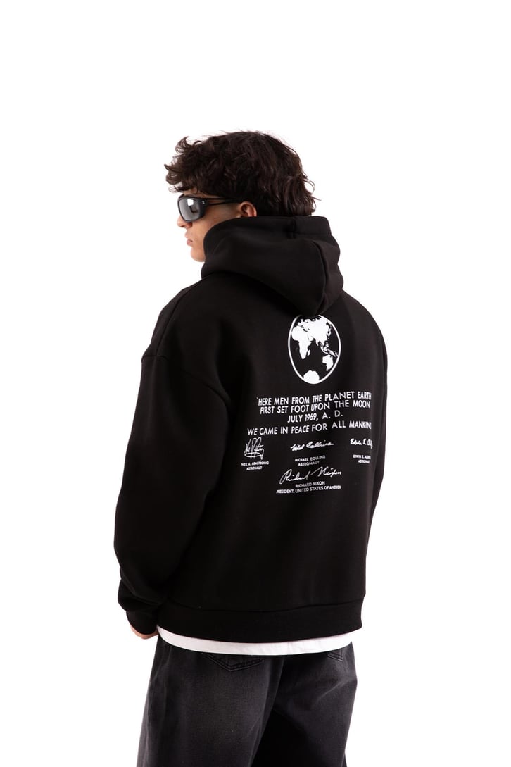 July 1969 Baskılı Siyah Oversize Hoodie