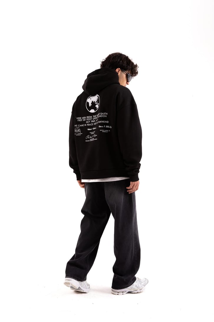 July 1969 Baskılı Siyah Oversize Hoodie