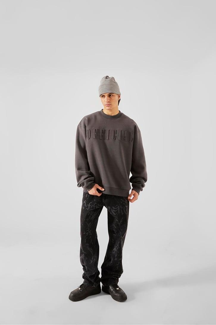 Kabartma Official Baskılı Koyu Gri Oversize Sweatshirt