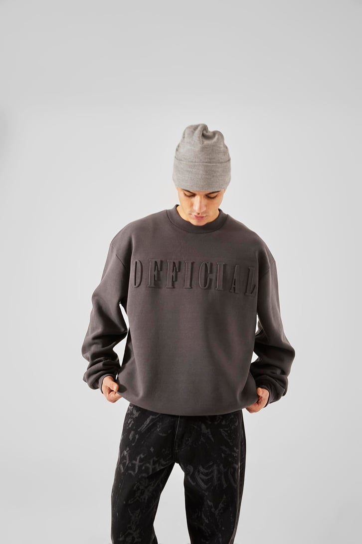 Kabartma Official Baskılı Koyu Gri Oversize Sweatshirt