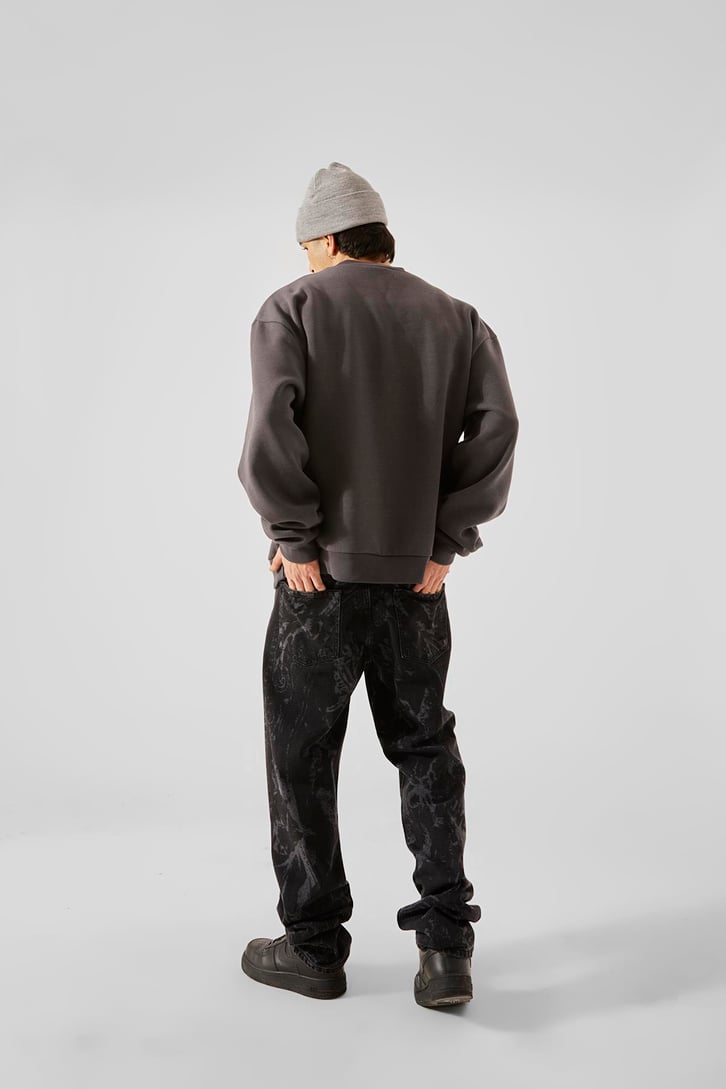 Kabartma Official Baskılı Koyu Gri Oversize Sweatshirt