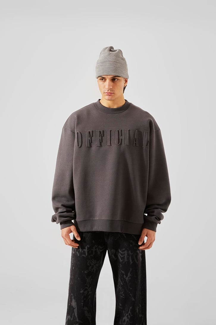 Kabartma Official Baskılı Koyu Gri Oversize Sweatshirt