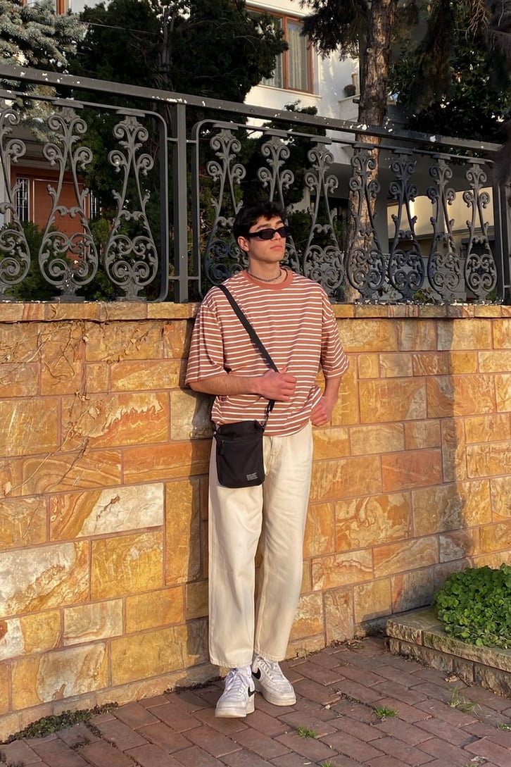 Kahverengi Çizgili Oversize Basic Tshirt
