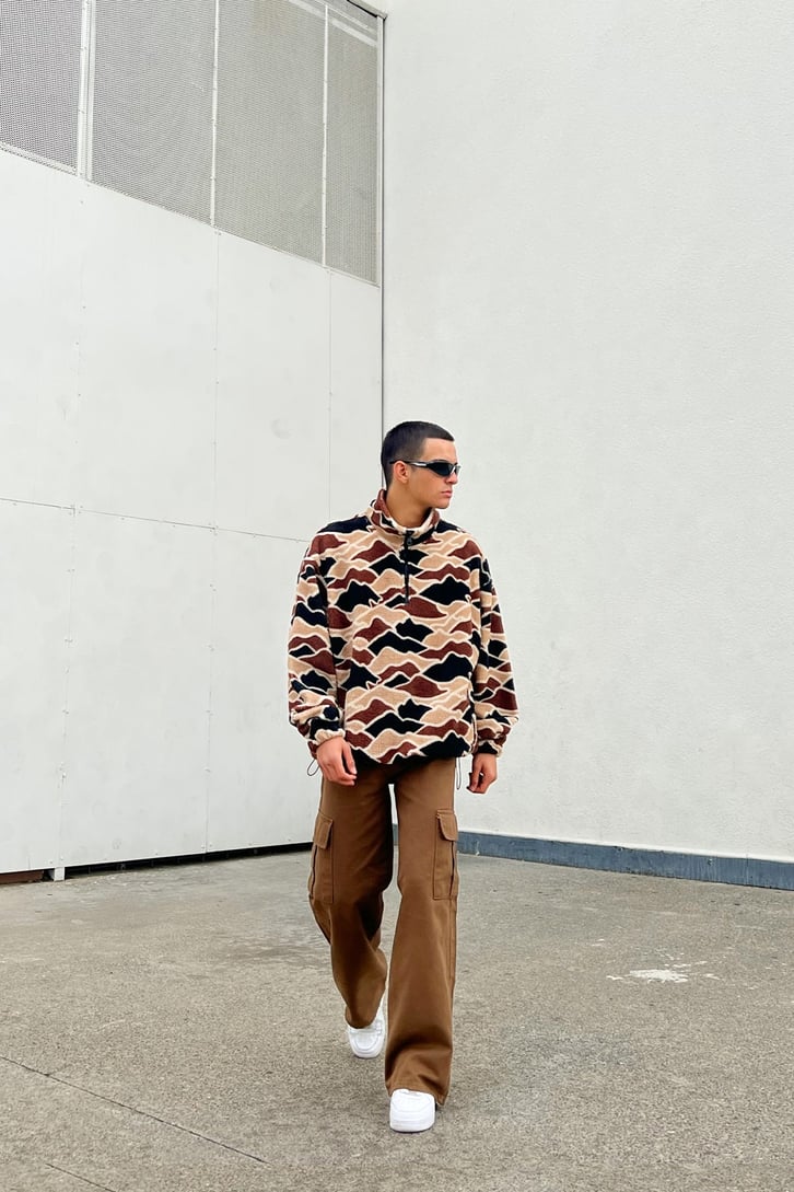 Kamuflaj Desen Half-Zip Kahverengi Peluş Sweatshirt