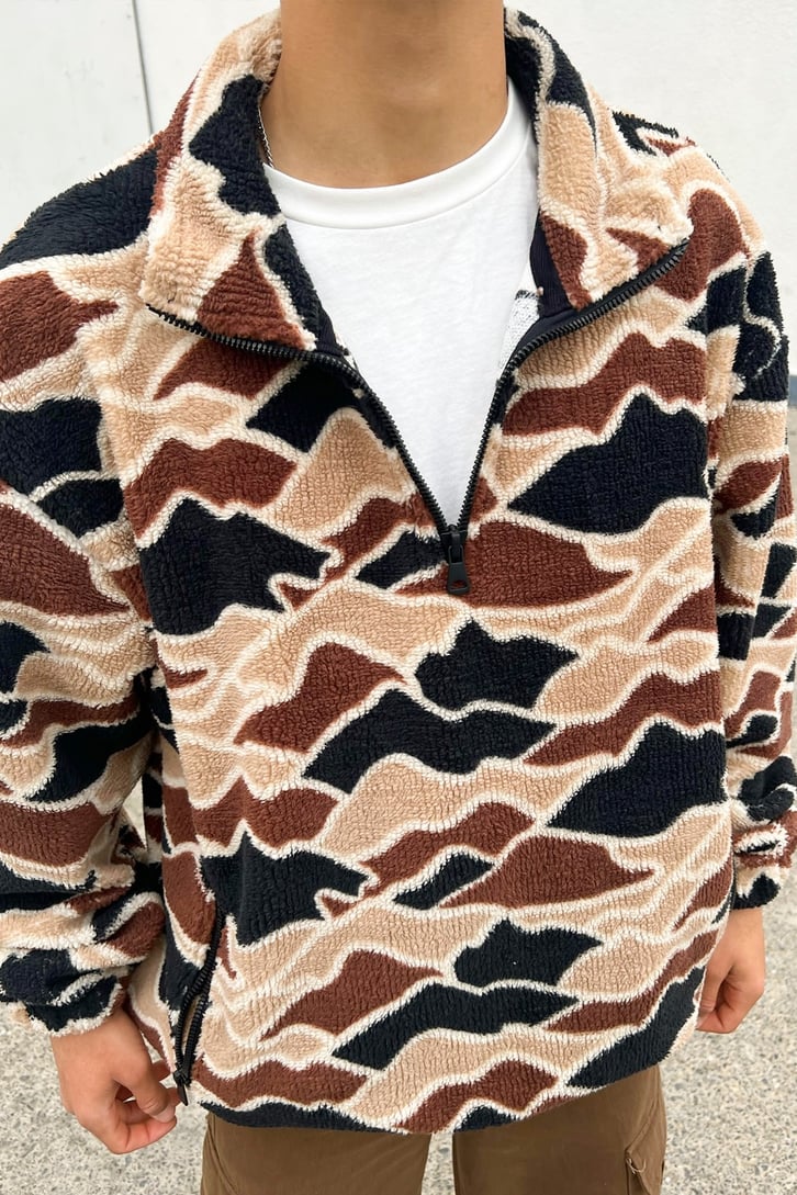 Kamuflaj Desen Half-Zip Kahverengi Peluş Sweatshirt