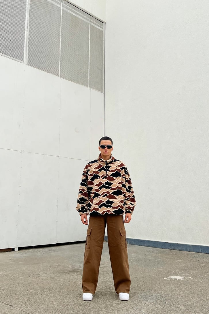 Kamuflaj Desen Half-Zip Kahverengi Peluş Sweatshirt
