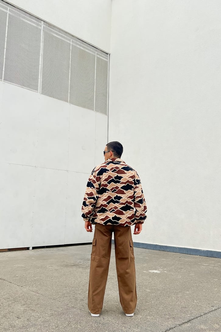 Kamuflaj Desen Half-Zip Kahverengi Peluş Sweatshirt