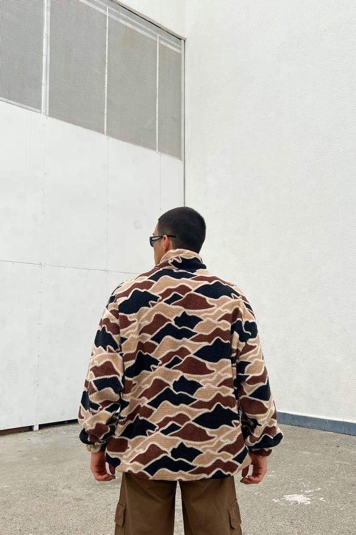 Kamuflaj Desen Half-Zip Kahverengi Peluş Sweatshirt