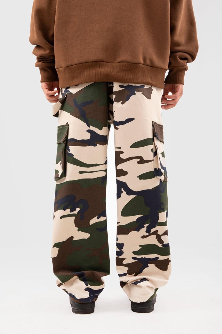 Kamuflaj Desen Kargo Cepli Bej Baggy Pantolon