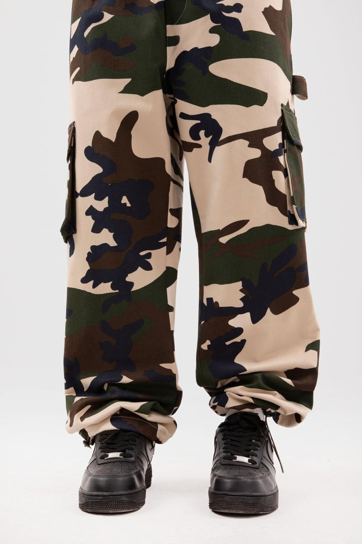 Kamuflaj Desen Kargo Cepli Bej Baggy Pantolon