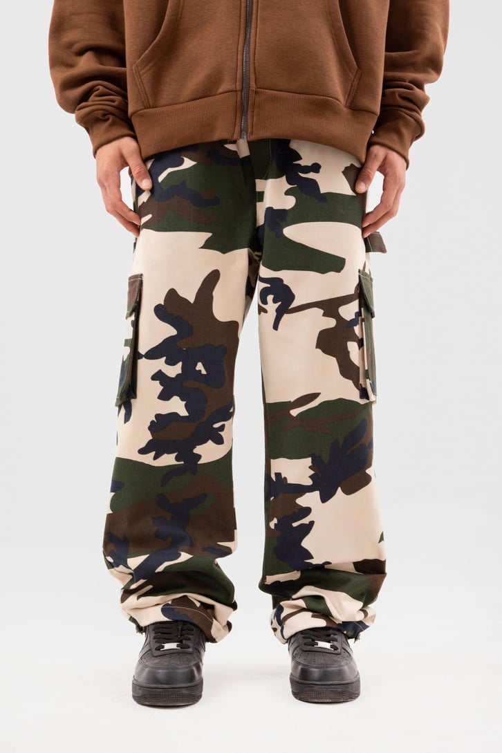 Kamuflaj Desen Kargo Cepli Bej Baggy Pantolon