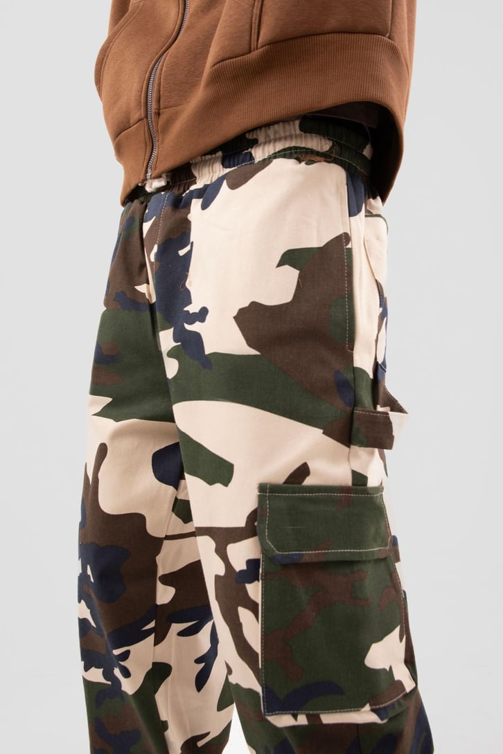 Kamuflaj Desen Kargo Cepli Bej Baggy Pantolon