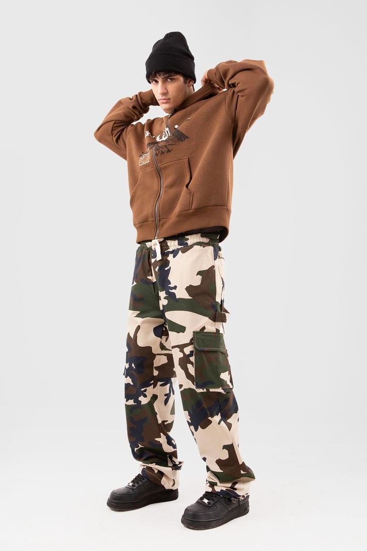 Kamuflaj Desen Kargo Cepli Bej Baggy Pantolon