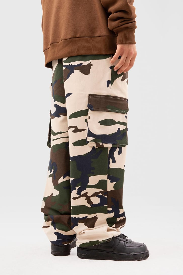 Kamuflaj Desen Kargo Cepli Bej Baggy Pantolon