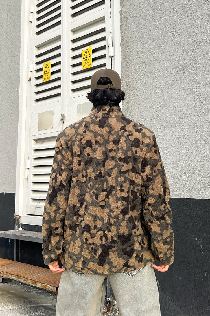 Kamuflaj Desen Peluş Fermuarlı Sweatshirt