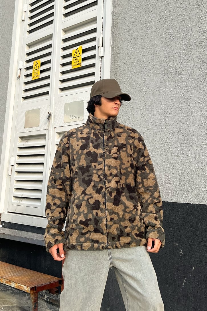 Kamuflaj Desen Peluş Fermuarlı Sweatshirt