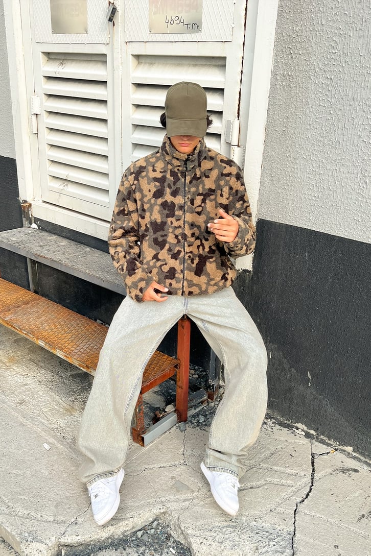 Kamuflaj Desen Peluş Fermuarlı Sweatshirt