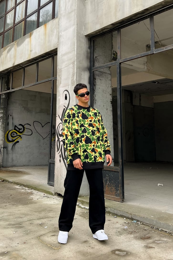 Kamuflaj Desen Yeşil Oversize Sweatshirt
