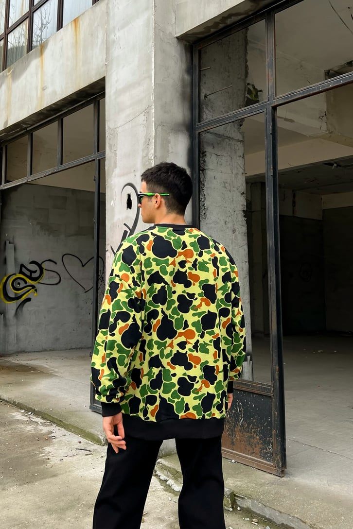 Kamuflaj Desen Yeşil Oversize Sweatshirt