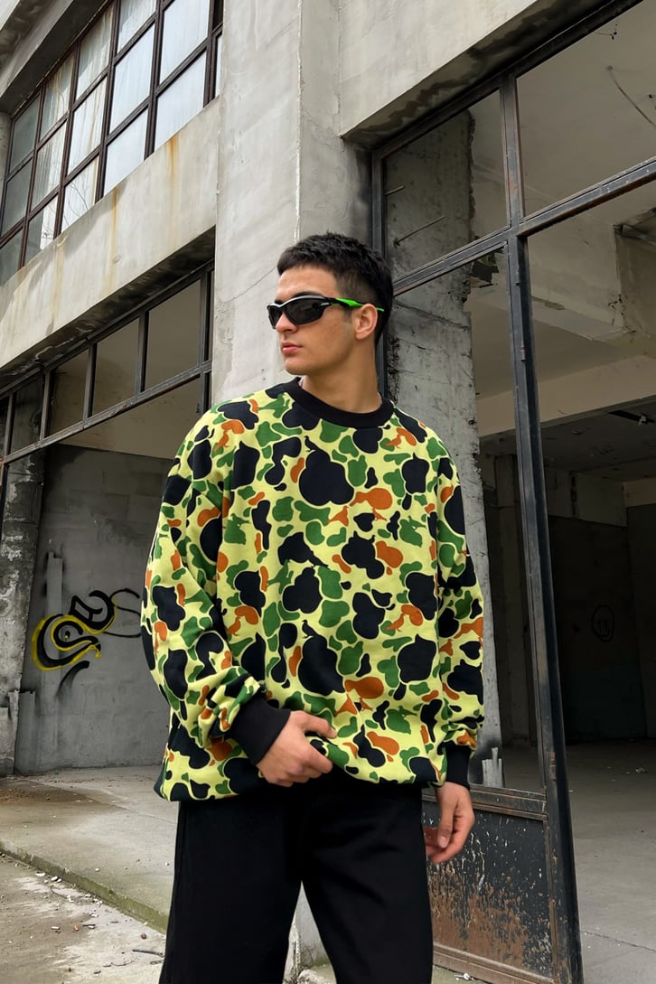 Kamuflaj Desen Yeşil Oversize Sweatshirt