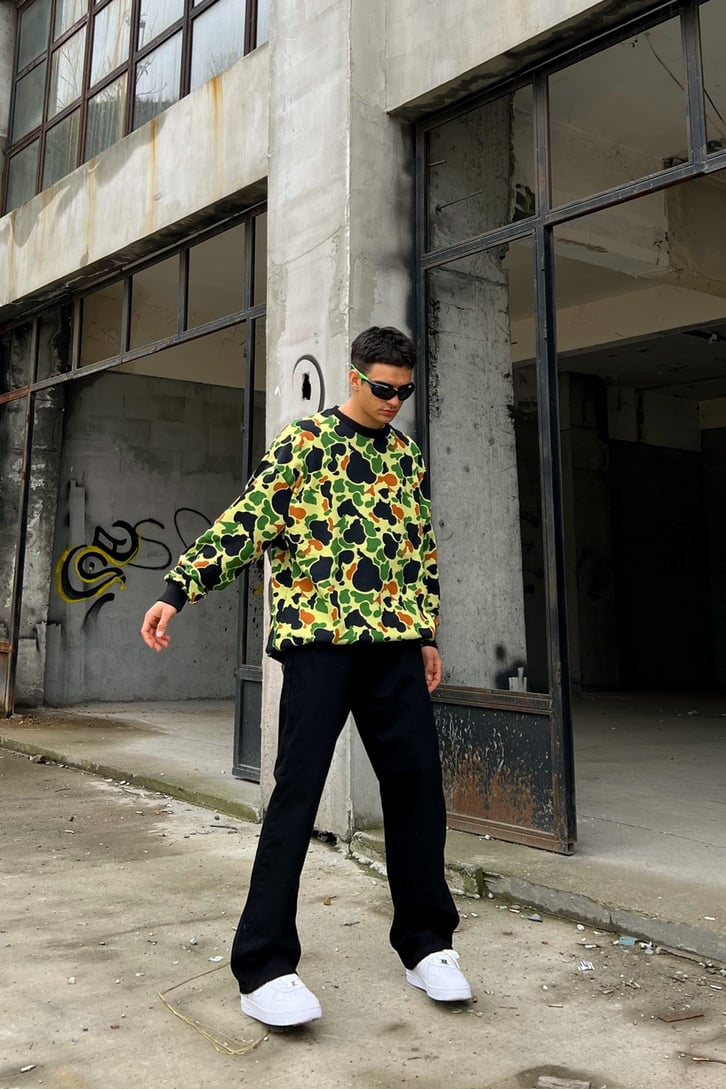 Kamuflaj Desen Yeşil Oversize Sweatshirt