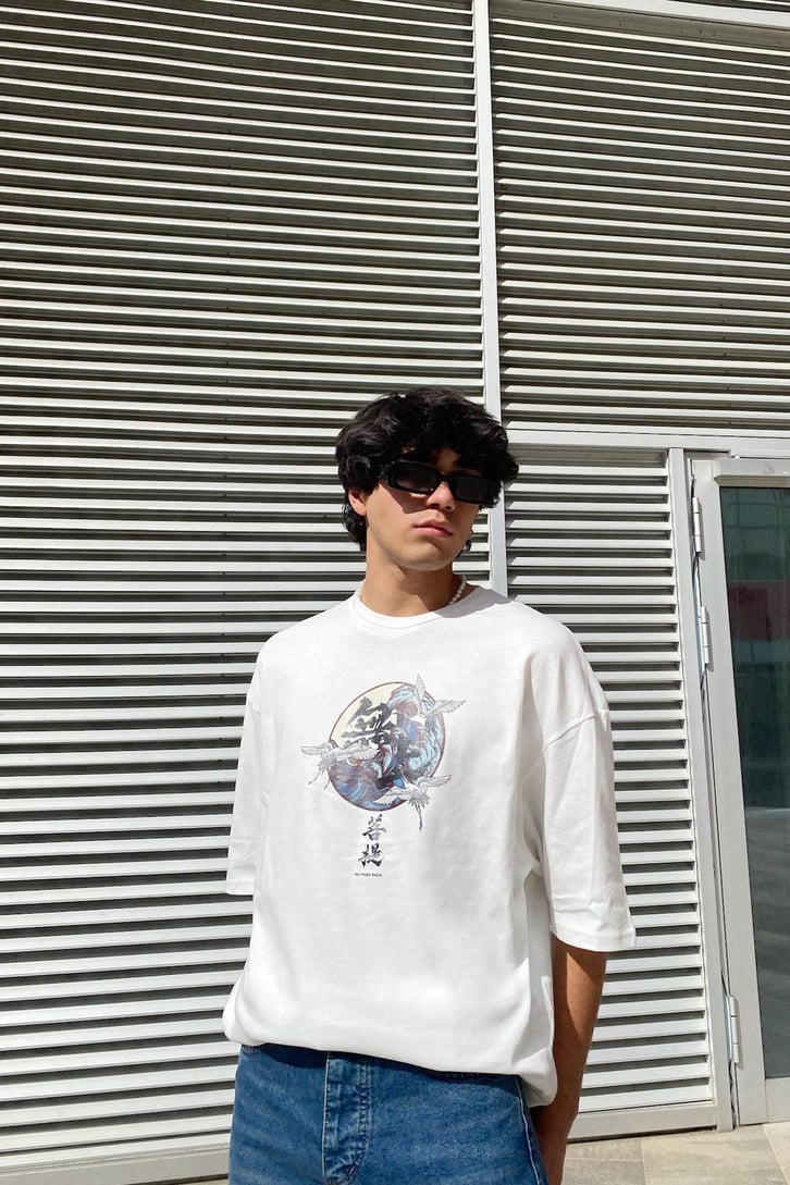 Kanagawa Wawe Baskılı Ekru Oversize Tshirt