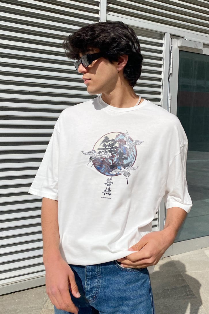 Kanagawa Wawe Baskılı Ekru Oversize Tshirt