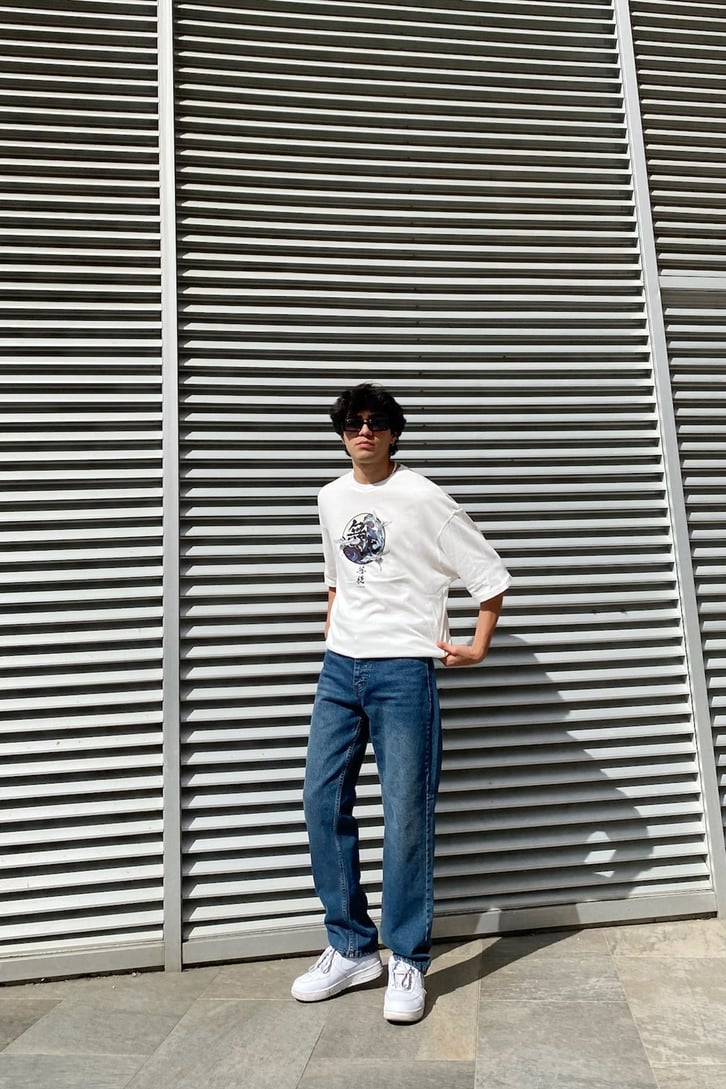 Kanagawa Wawe Baskılı Ekru Oversize Tshirt